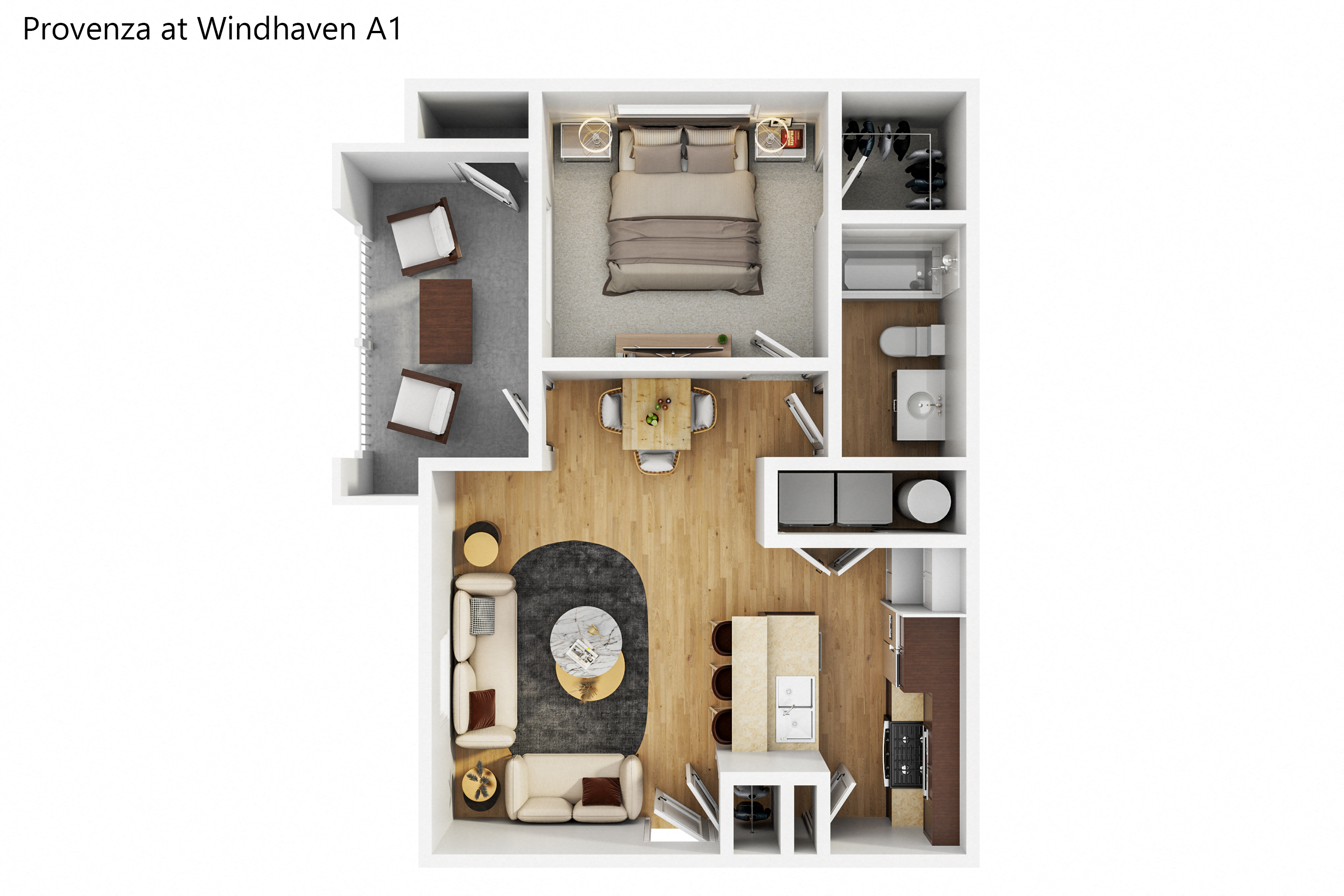 Floor plan for 1 bed, 1 bath, 648 sqft